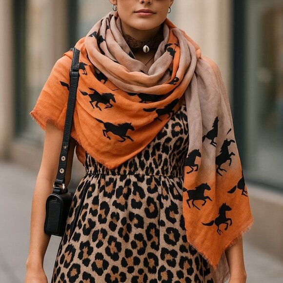 Vintage Accessories - VINTAGE EQUESTRIAN Oversized Ombre Wrap Scarf Throw Cover Up Horses Stallions